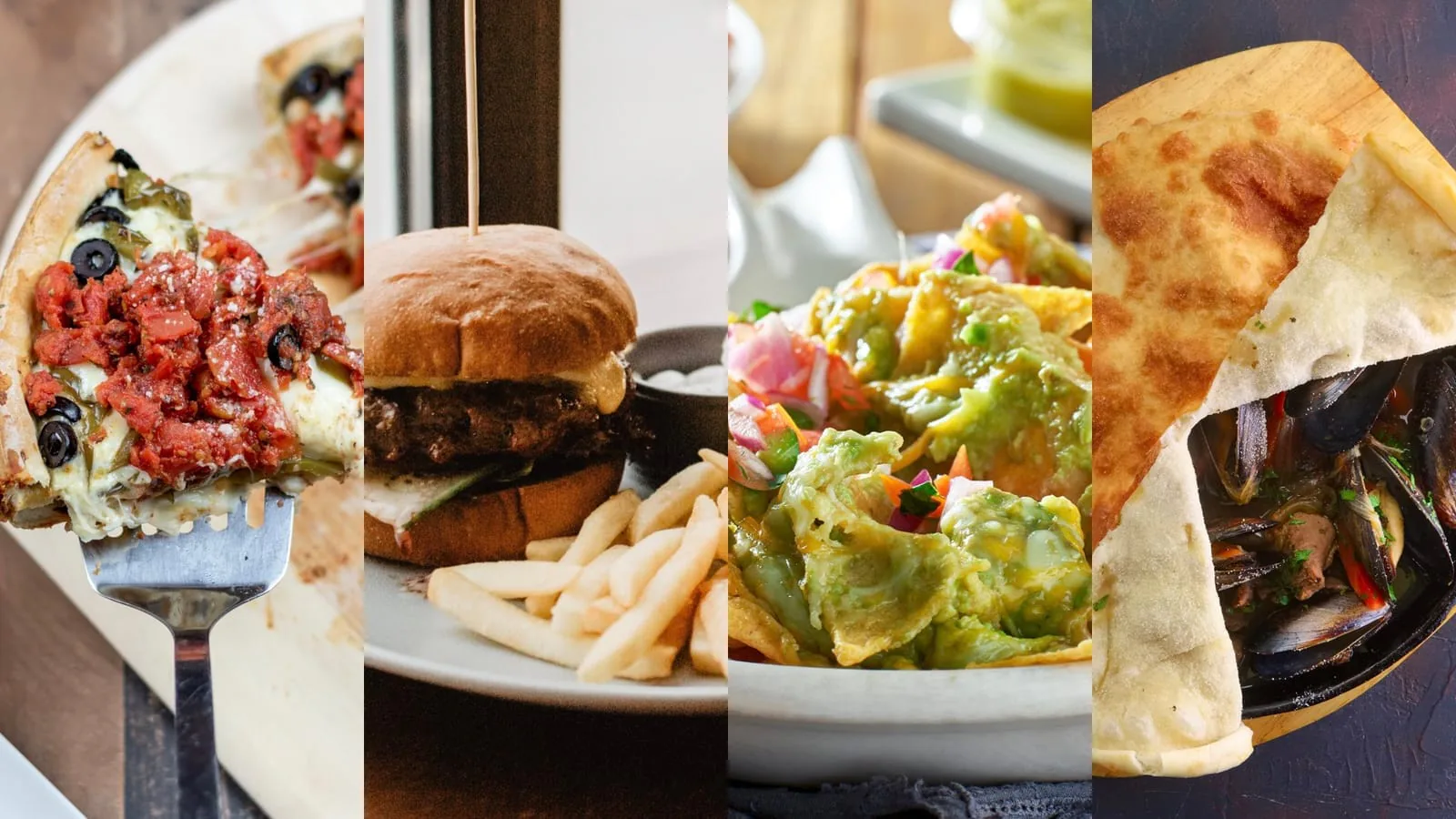 Four-panel collage of American dishes: loaded flatbread, a burger with fries, guacamole and mussels