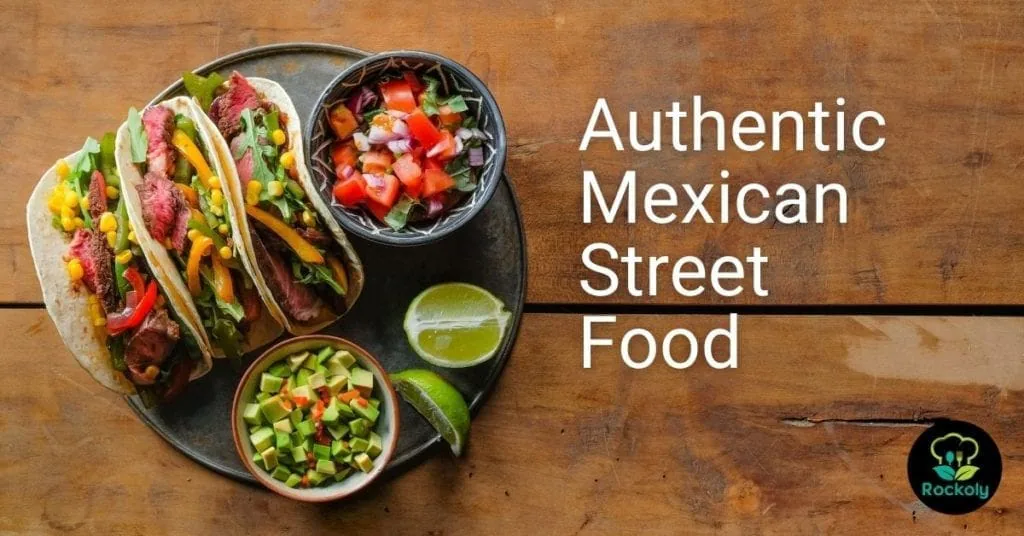 Banner reading Authentic Mexican Street Food over a plate of steak tacos with salsa and lime