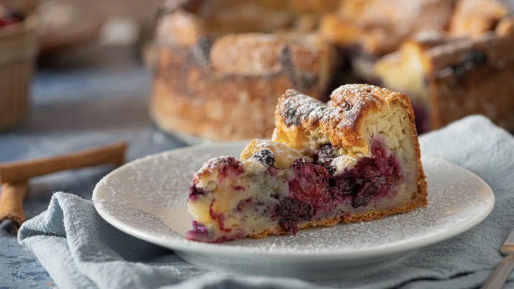 Slice of berry crumble pie dusted with powdered sugar on a plate, with the whole pie behind