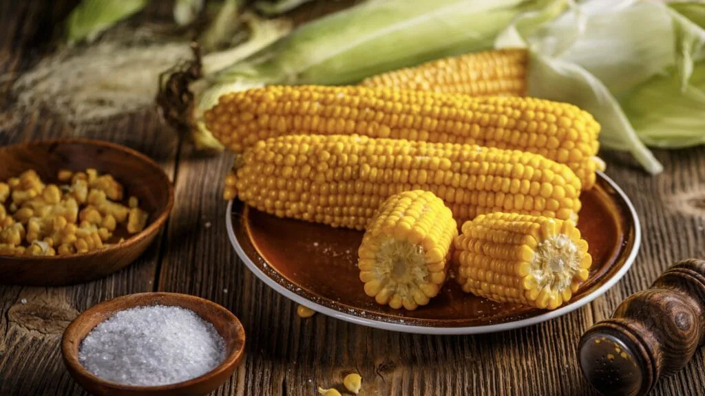 Cooked corn on the cob on a rustic plate with a bowl of coarse salt and dried kernels