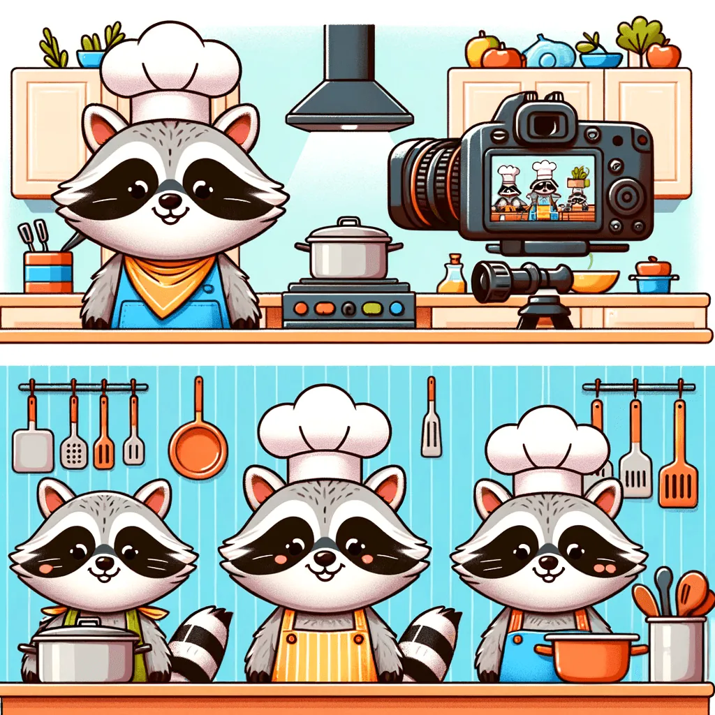 Cartoon raccoons in chef hats cooking in a kitchen while a camera on a tripod films them