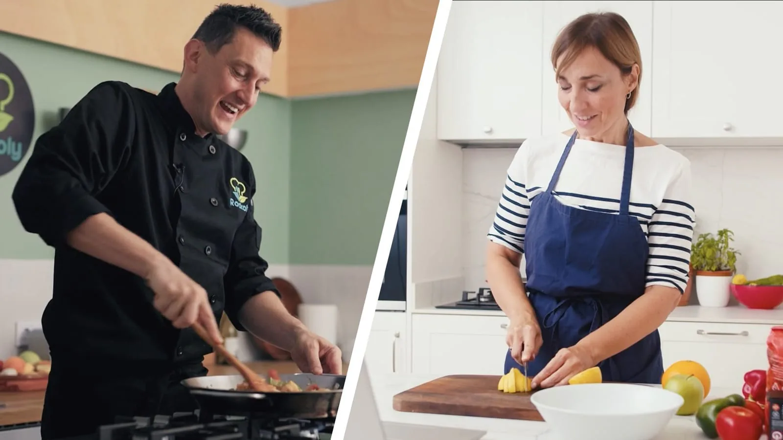 Split image of a chef cooking at a stove and a woman in an apron slicing lemons in her kitchen