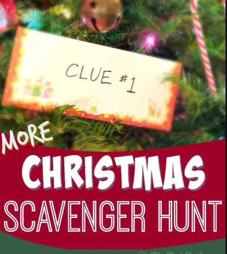 Envelope marked Clue #1 tucked in a Christmas tree under the words More Christmas Scavenger Hunt