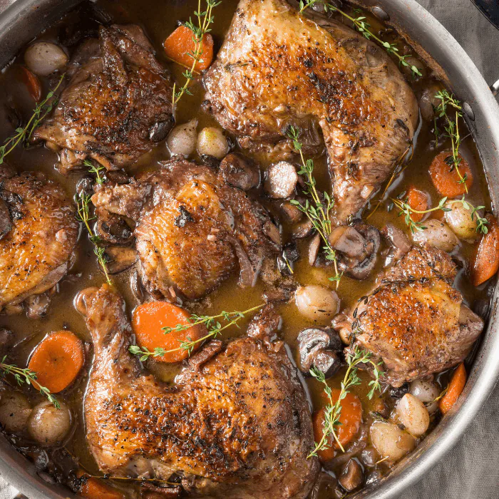 Braised chicken thighs in a pan with mushrooms, carrots, pearl onions and fresh thyme