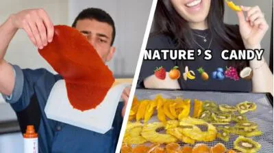Split image of fruit leather peeled off a dehydrator tray and dried fruit slices called "nature's candy"