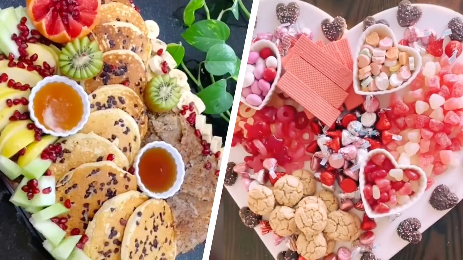 Two dessert boards side by side: cookies with fruit and honey, and a heart-shaped candy board