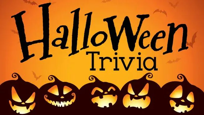 Row of grinning jack-o’-lanterns and bats on orange under the words Halloween Trivia