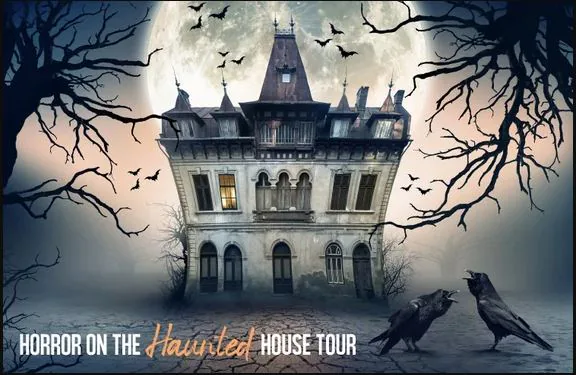 Moonlit haunted mansion with bats and ravens under the words Horror on the Haunted House Tour
