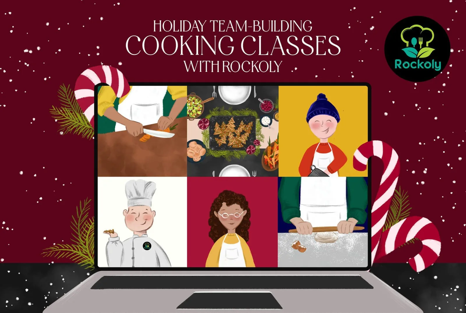 Illustrated banner reading "Holiday Team-Building Cooking Classes with Rockoly" with cooks on a laptop screen