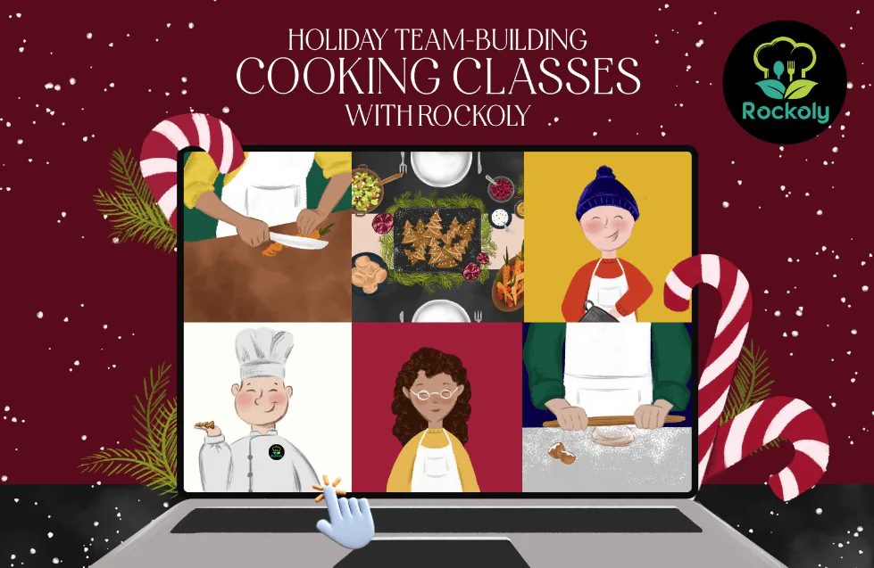 Illustrated banner reading Holiday Team-Building Cooking Classes with Rockoly above a laptop of cartoon cooks
