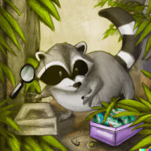Illustrated raccoon holding a magnifying glass over stacked books and a treasure box in a leafy jungle