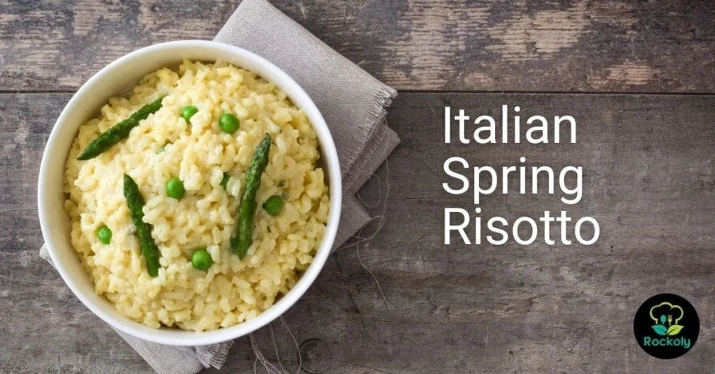 Italian Spring Risotto workshop banner with a bowl of creamy risotto topped with asparagus and peas