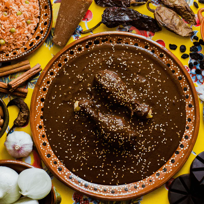 Dark mole sauce topped with sesame seeds in a clay dish, ringed by dried chiles, garlic and rice