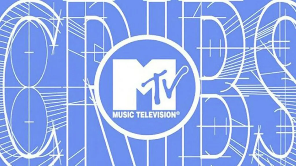 MTV Music Television logo over outlined “Cribs” lettering on a blue background