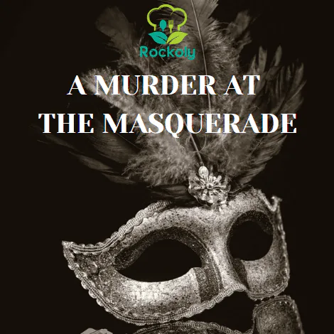 Dark title graphic reading "A Murder at the Masquerade" with the Rockoly logo above a masked figure