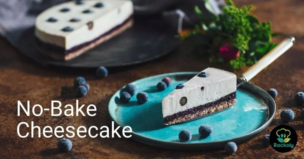 No-Bake Cheesecake workshop banner with a slice of blueberry cheesecake on a teal plate