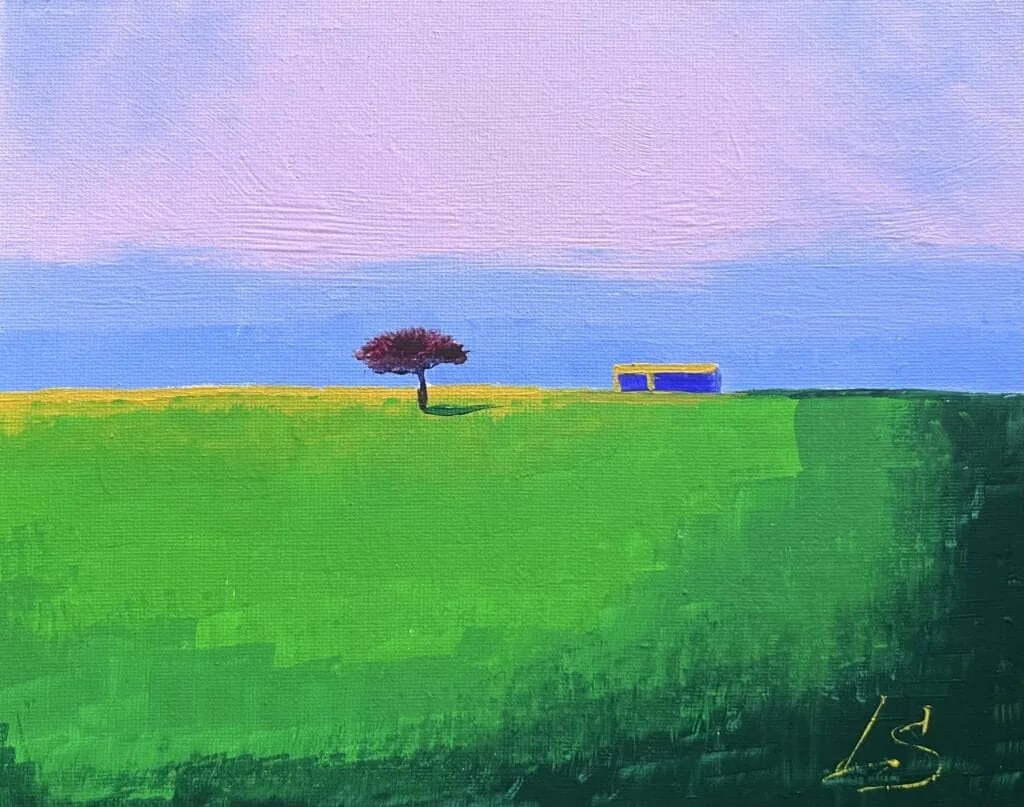 Acrylic paint and sip landscape of a lone tree and a bench in a green field under a pink sky