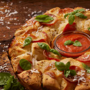 Pull-apart pepperoni pizza wreath topped with basil and parmesan around a bowl of marinara
