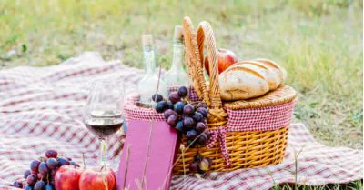 Wicker picnic basket with bread, wine and grapes on a red checked blanket in the grass