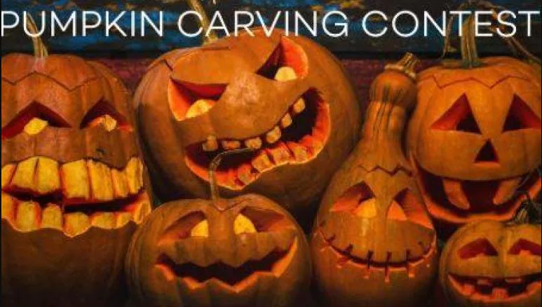 Cluster of glowing carved jack-o’-lanterns beneath the words Pumpkin Carving Contest
