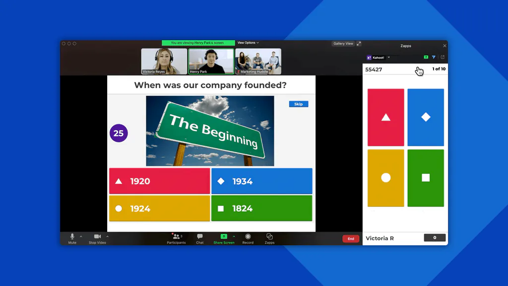 Video call quiz asking When was our company founded, with four coloured multiple-choice answers