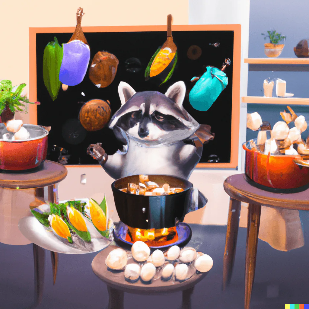 Cartoon raccoon stirring a bubbling pot in a kitchen with vegetables floating in front of a chalkboard