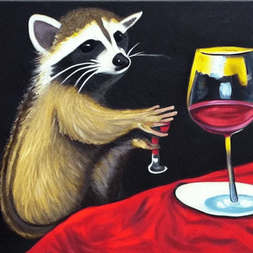 Painting of a raccoon reaching toward an oversized glass of red wine on a red tablecloth