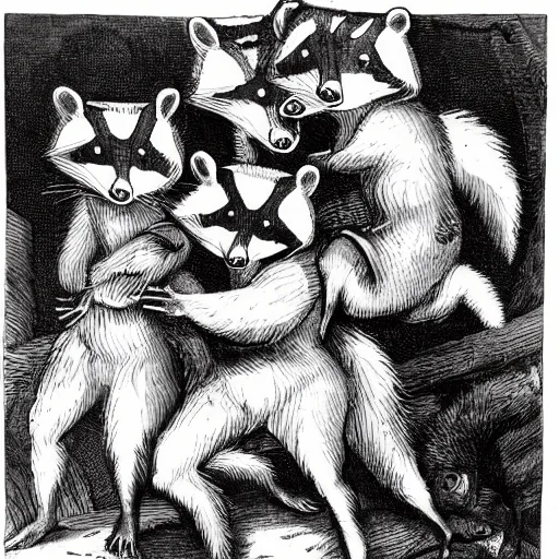 Black and white engraved-style illustration of four raccoons standing upright arm in arm
