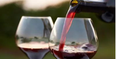 Red wine poured into a large balloon glass beside a second filled glass, with greenery behind