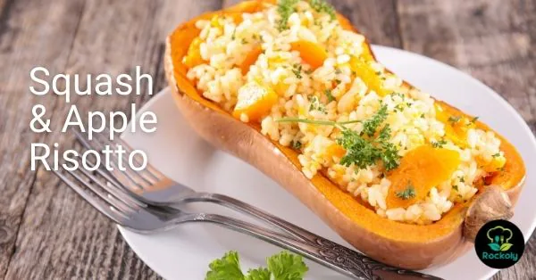 Squash and Apple Risotto workshop banner with risotto served in a roasted butternut squash half