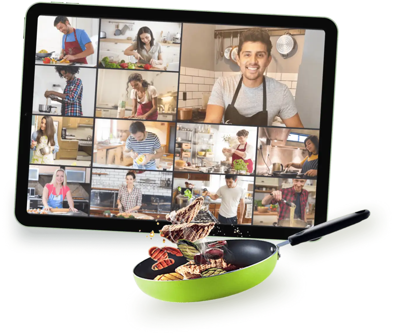 Tablet showing a grid of people cooking at home on a video call, with a green pan of grilled food