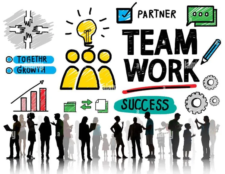 Teamwork doodle graphic with a lightbulb, charts and the words Success, Growth and Partner above silhouetted people