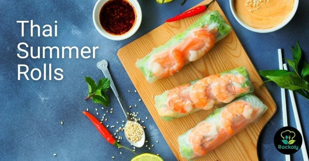 Thai Summer Rolls workshop banner showing shrimp rice paper rolls with peanut and chili dipping sauces