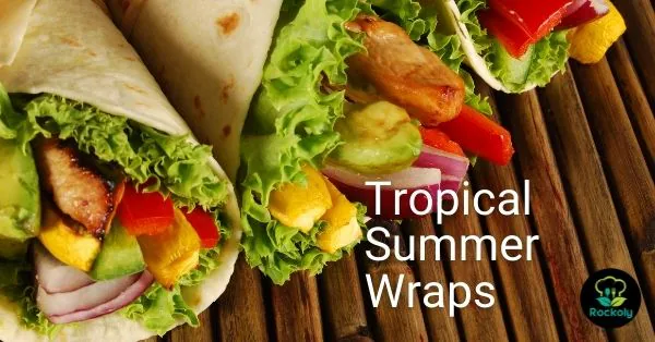 Tropical Summer Wraps workshop card showing tortilla wraps filled with lettuce, peppers and mango