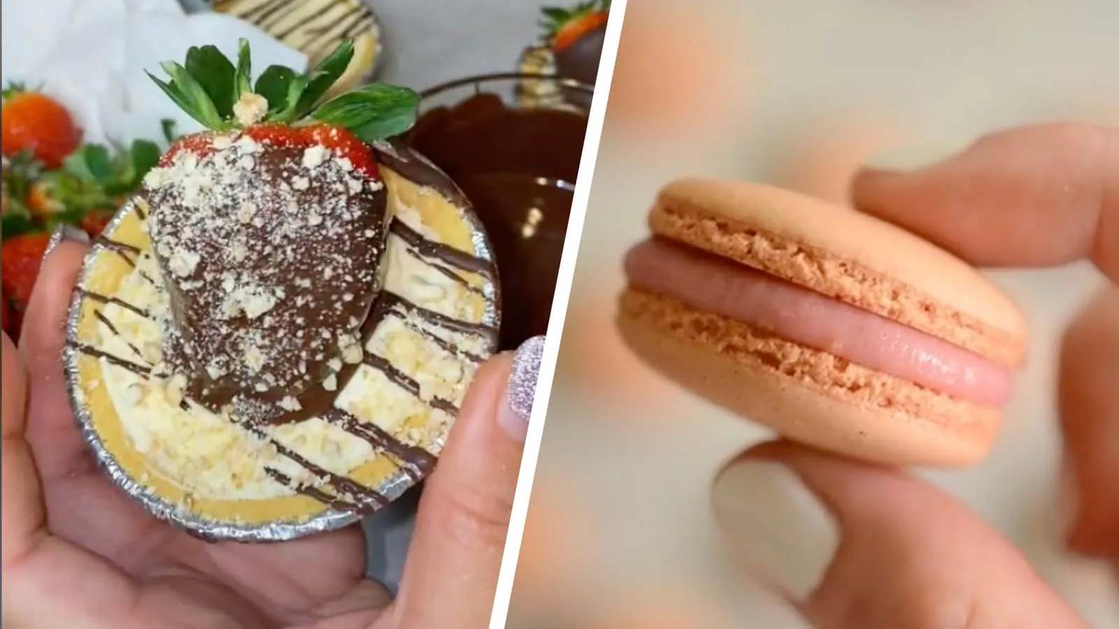 Hands holding a chocolate-drizzled tart topped with a strawberry and a pink macaron