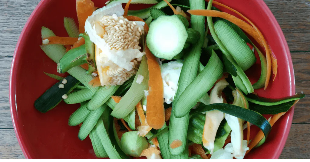 Red bowl filled with cucumber peel, carrot ribbons and other vegetable scraps
