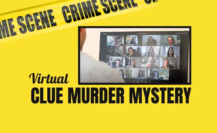 Crime scene tape framing a screen of video call players under the words Virtual Clue Murder Mystery