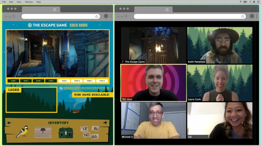 Online escape room game “Gold Rush” on screen next to a video call grid of six players
