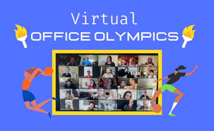 Banner reading Virtual Office Olympics with torches, athlete illustrations and a grid of video call faces