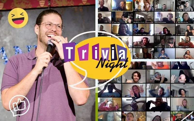 Trivia Night graphic pairing a host with a microphone with a video call grid of laughing players