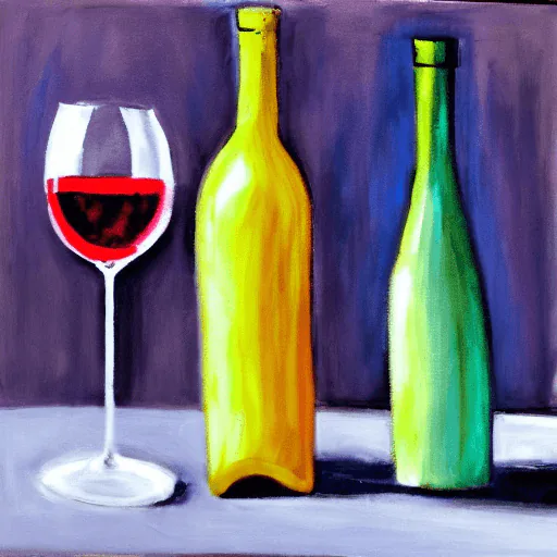Painted still life of a glass of red wine beside a yellow and a green wine bottle