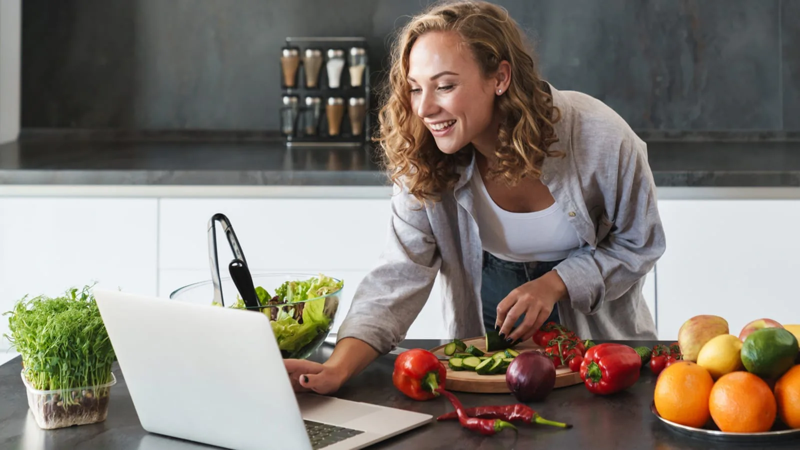 Woman smiling at a laptop in her kitchen while chopping vegetables for an online cooking class