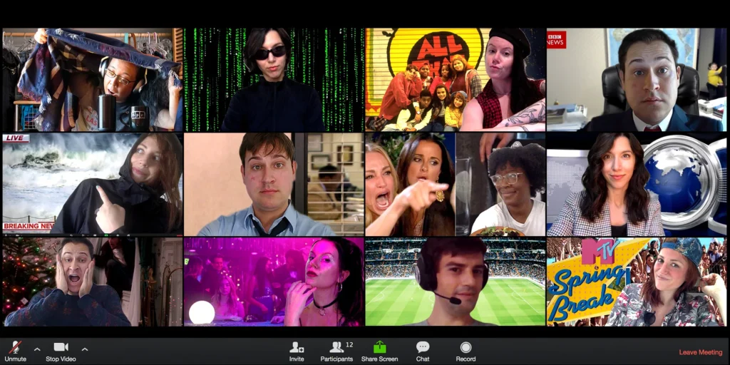 Grid of video call participants in Halloween costumes and themed virtual backgrounds