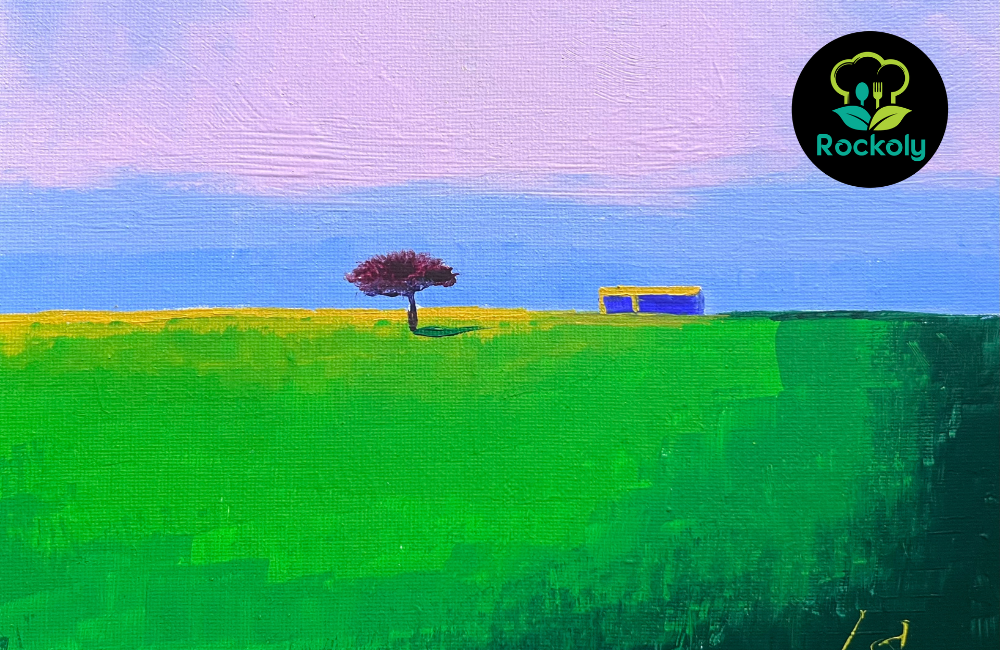 Acrylic landscape painting of a lone tree and a blue bench in a green field under a pink sky