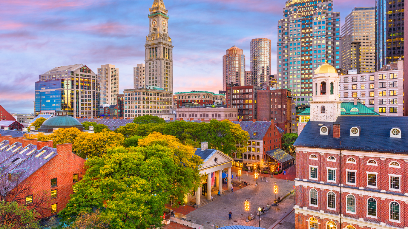 Boston skyline at dusk with the Custom House Tower rising behind Faneuil Hall and Quincy Market