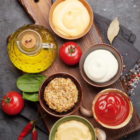 Small bowls of mustard, ketchup, mayonnaise and cream sauces with olive oil, tomatoes and basil