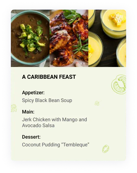 Caribbean Feast menu card: spicy black bean soup, jerk chicken with mango avocado salsa, coconut pudding