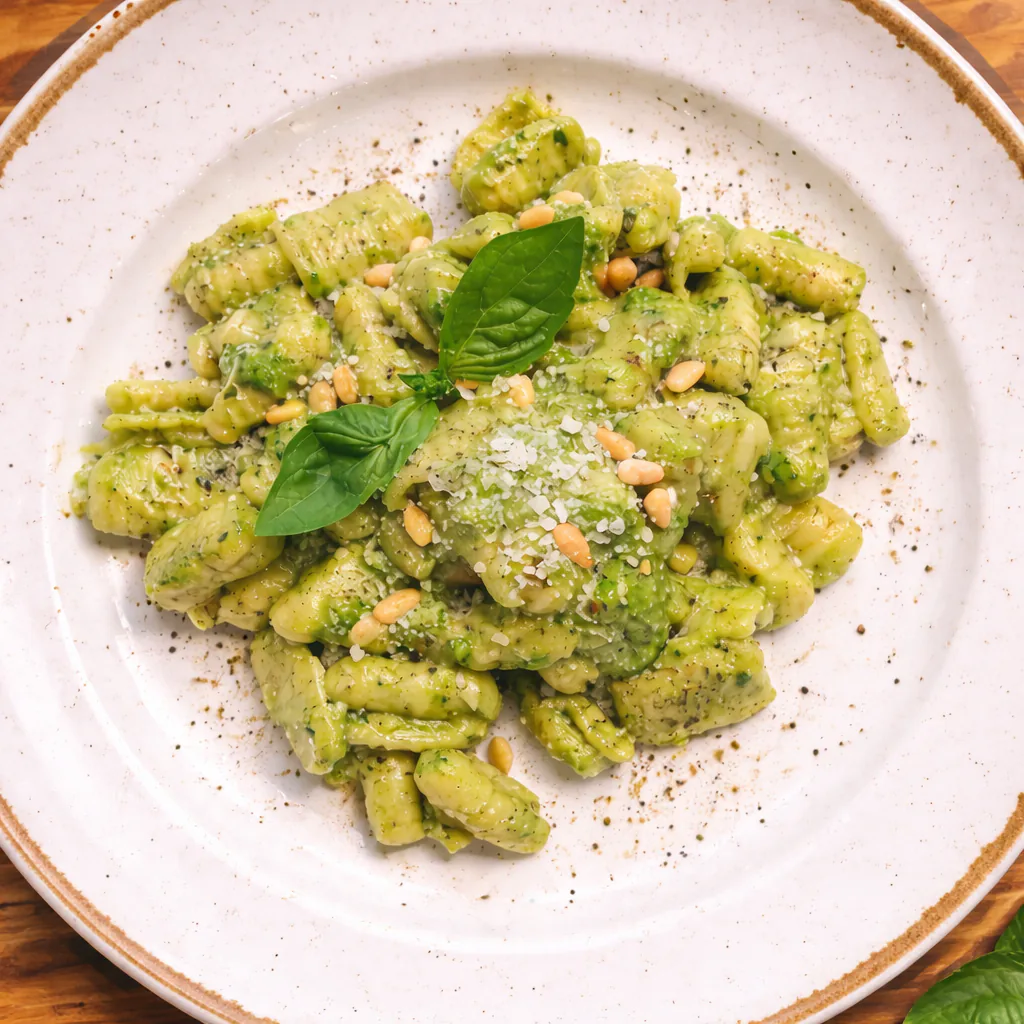 Cavatelli pasta tossed in green pesto with pine nuts, grated cheese and fresh basil