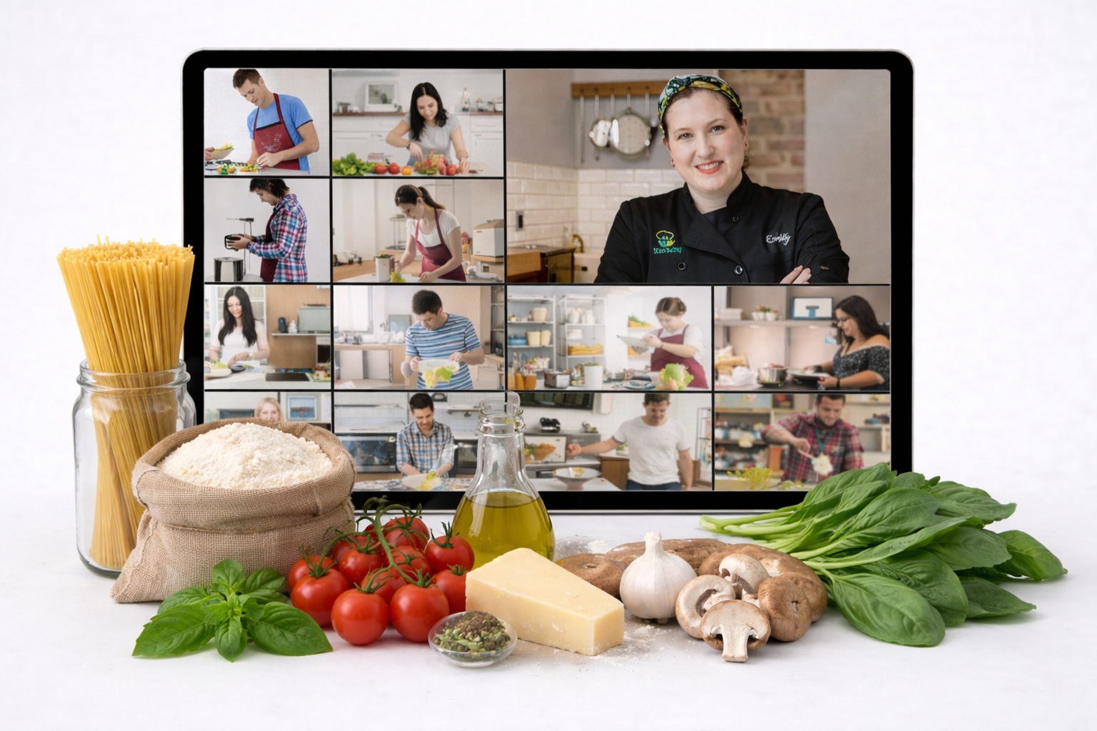 Laptop showing Chef Emily leading a video-call cooking class, with pasta, flour, tomatoes and basil in front