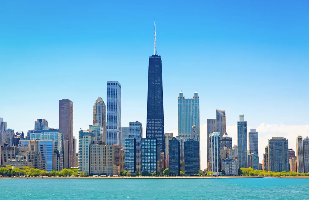 Chicago skyline of downtown high-rises seen across Lake Michigan on a clear day